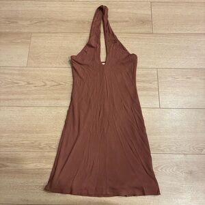 Wilfred x Aritzia Brown Ribbed V-neck Halter Mini Dress Tencel Modal Size S